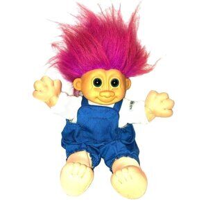 VINTAGE 90s TROLL DOLL RUSS TAG SOFT BODY PINK HAIR OVERALLS FARMER COUNTRY BOY
